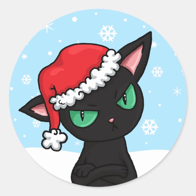 Sticker Rond Chat noir grumeux portant le chapeau de Père Noël (Devant)