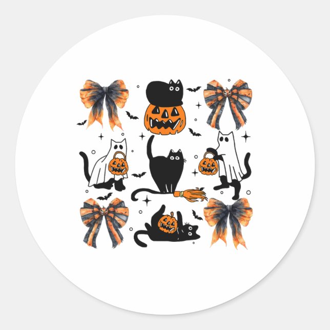 Sticker Rond Chat noir Halloween Coquette Bow Halloween Citroui (Devant)
