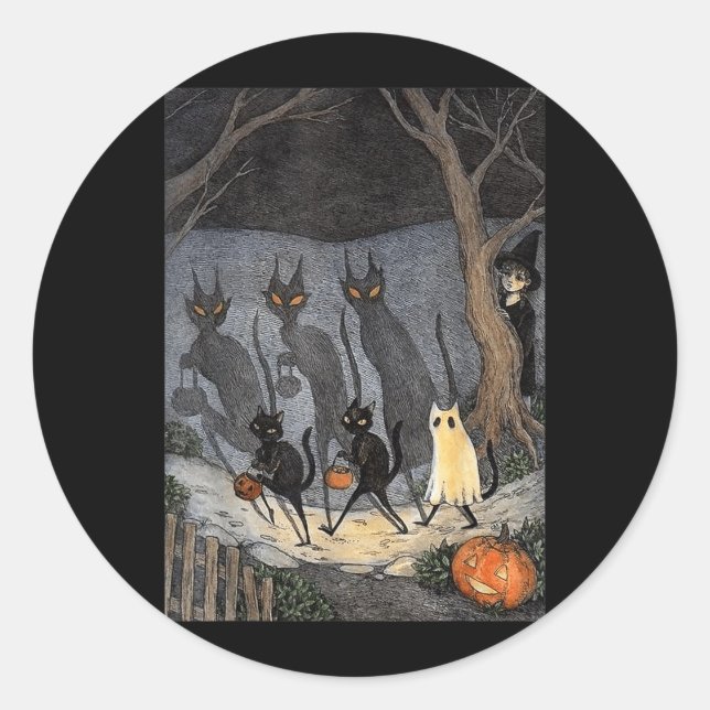 Sticker Rond Chat Noir Halloween Hommes Femmes (Devant)