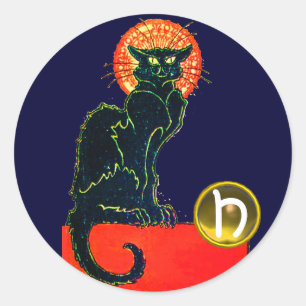 STICKER ROND CHAT NOIR HALLOWEEN PARTY MONOGRAM