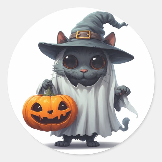 Sticker Rond Chat noir Halloween tenant une citrouille 👻 (Devant)