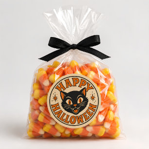 Sticker Rond Chat noir Happy Halloween Rétro Vintage