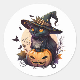 Sticker Rond Chat noir Jack-O-Lantern et chauves-souris