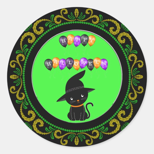 Sticker Rond Chat noir jaune Vert Joyeux Ballons d'Halloween (Devant)