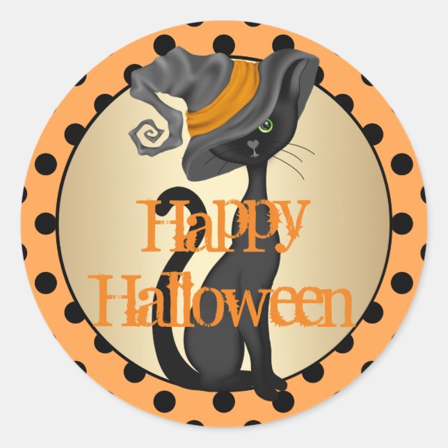 Sticker Rond Chat noir Joyeux Halloween (Devant)