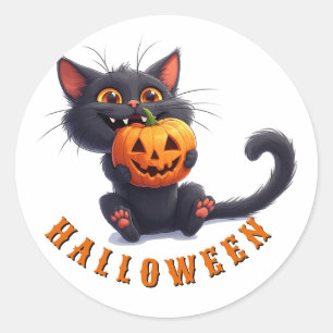 Sticker Rond Chat noir Kawaii avec tour de citrouille Halloween
