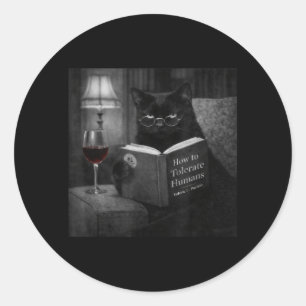Sticker Rond Chat Noir Lisant un Livre Photo de Chat Rétro Drôl