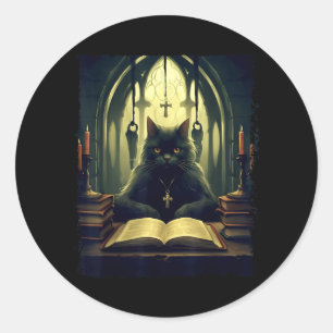 Sticker Rond Chat Noir Lit Un Livre Dans L'église Gothique Hall