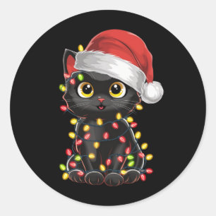 Sticker Rond Chat noir lumières d'arbre de Noël chaton drôle Pè