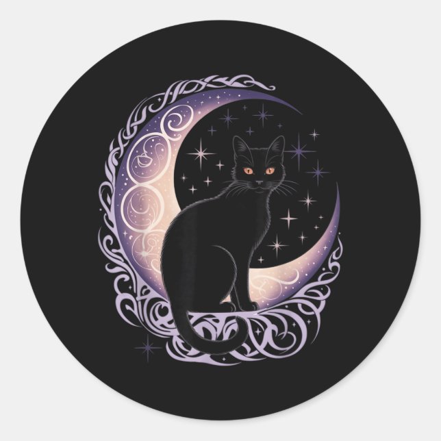 Sticker Rond Chat noir Lune Satanisme Démoniaque Diable Sorcell (Devant)