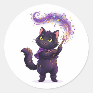 Sticker Rond Chat noir magicien Halloween Sorcier
