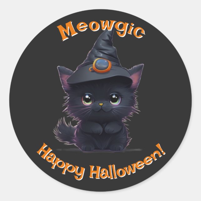 Sticker Rond Chat noir magique d'Halloween blanc mignon (Devant)