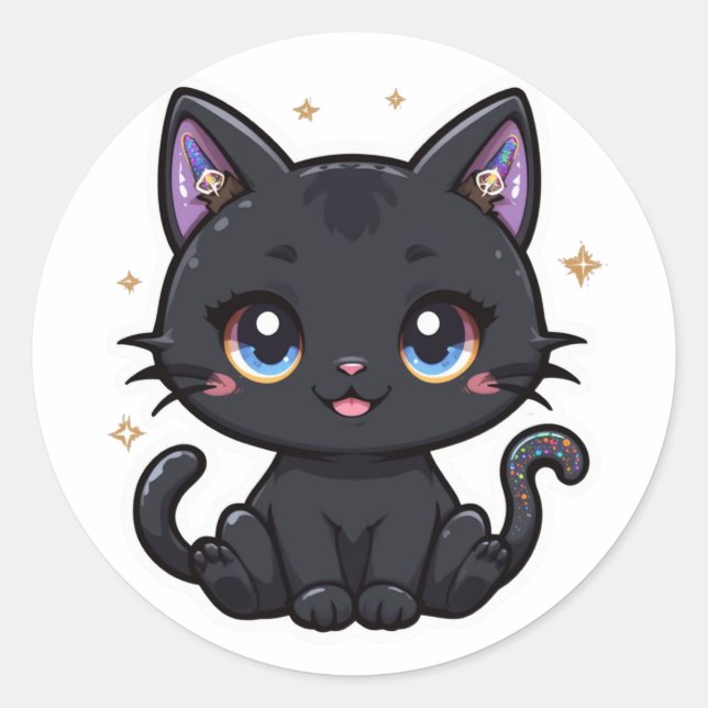 Sticker Rond Chat noir magique Kawaii Galaxy Queue de queue Kit (Devant)