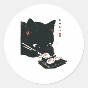 Sticker Rond Chat noir manger Sushi - Chat Art Japonais