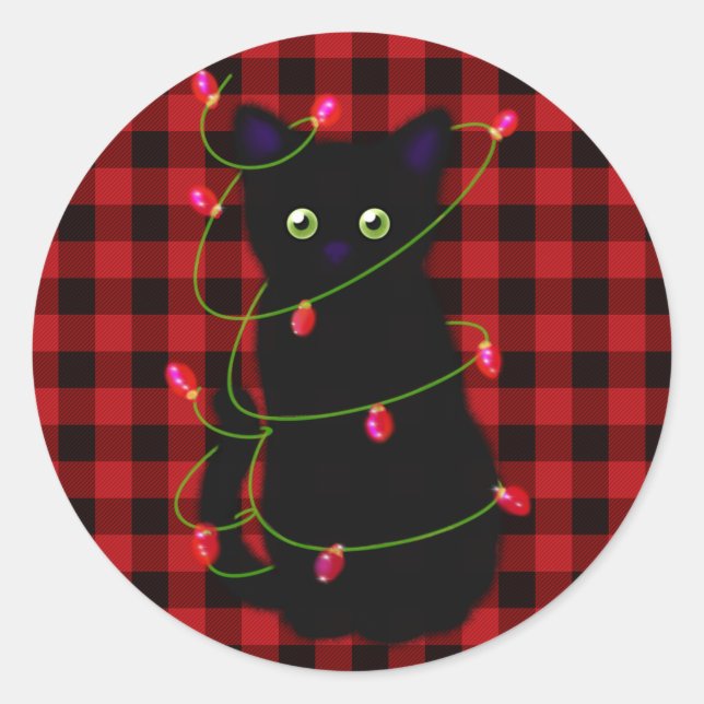 Sticker Rond chat noir | Meowy Christmas | étoile scintillante (Devant)