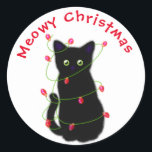Sticker Rond chat noir | Meowy Christmas | lumières scintillant<br><div class="desc">Meowy Noël ! - mignon chat noir avec lumières scintillantes rouges et vertes de Noël - personnalisable! Et design transférable !</div>