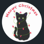 Sticker Rond chat noir | Meowy Christmas | lumières scintillant<br><div class="desc">Meowy Noël ! - mignon chat noir avec lumières scintillantes rouges et vertes de Noël - personnalisable! Et design transférable !</div>