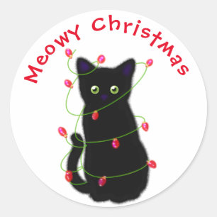 Sticker Rond chat noir   Meowy Christmas   lumières scintillant