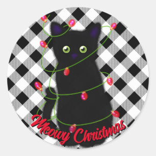 Sticker Rond Chat noir Meowy Noël scintillants en vichy