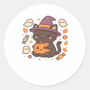 Sticker Rond Chat noir mignon avec Casquette sorcier - Kawaii H