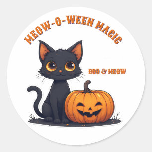 Sticker Rond Chat Noir Mignon Et Pile De Citrouilles Halloween
