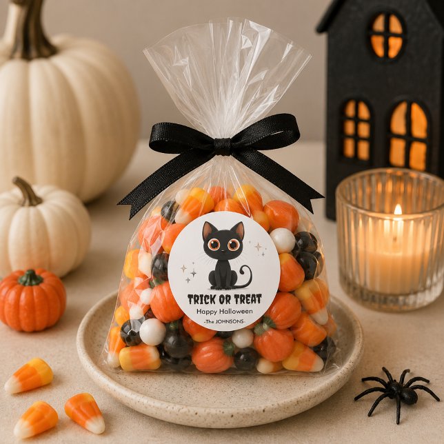 Sticker Rond Chat noir mignon Halloween – Conception Trick or T (Créateur téléchargé)