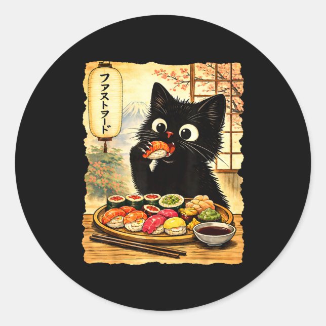 Sticker Rond Chat noir mignon mangeant du sushi kawaii nourritu (Devant)