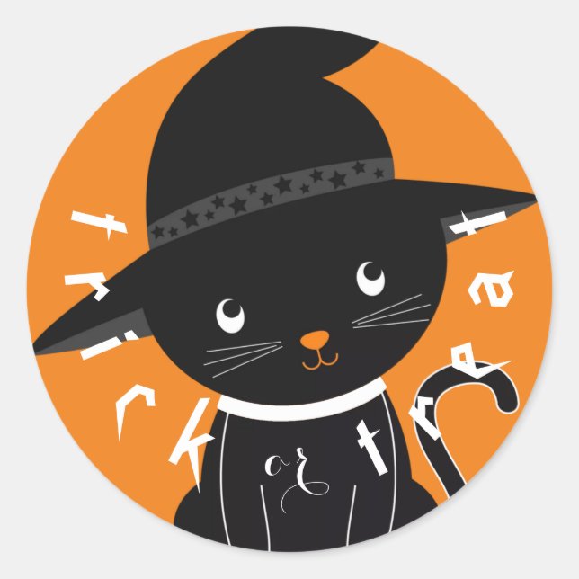Sticker Rond Chat noir mignon ou traiter Halloween (Devant)