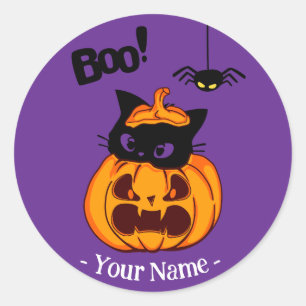 Sticker Rond Chat noir mignon personnalisé dans Jack O'Lantern