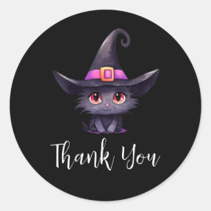 Sticker Rond Chat noir mignon portant le Merci Casquette d'une 