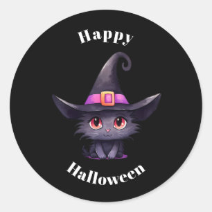 Sticker Rond Chat noir mignon portant l'Halloween Casquette d'u