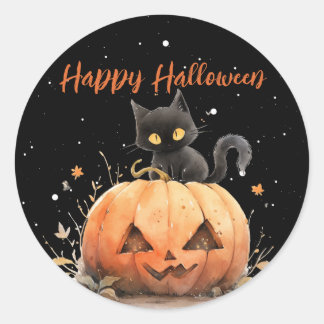 Sticker Rond Chat noir mignon sur Halloween Citrouille