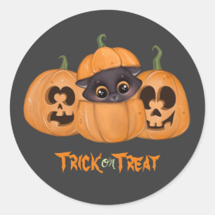Sticker Rond Chat noir mignon Trick ou traiter Halloween citrou