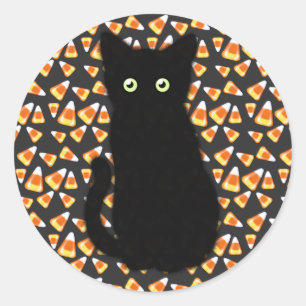 Sticker Rond Chat noir, motif de maïs, Halloween amusant