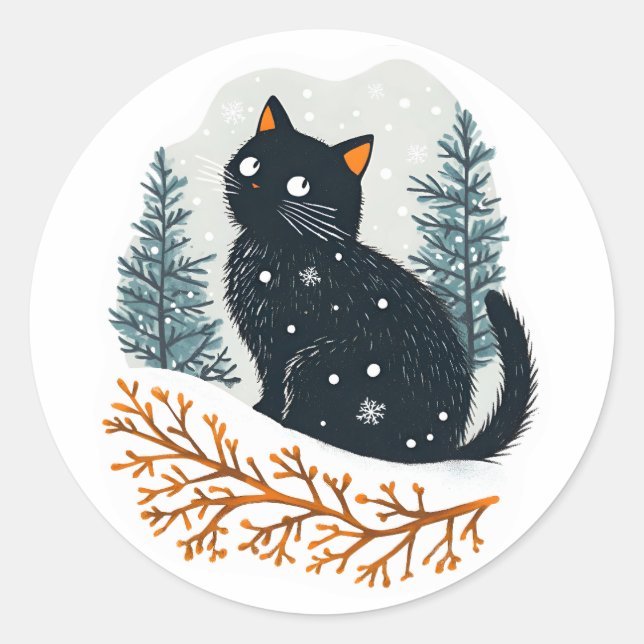 Sticker Rond Chat noir neige d'hiver (Devant)