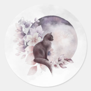 Sticker Rond Chat noir par une Pleine lune magique