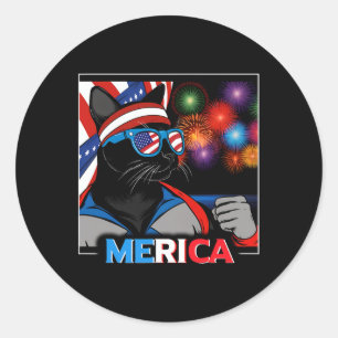 Sticker Rond Chat noir patriotique Fireworks