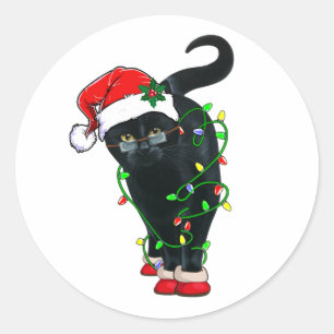Sticker Rond Chat Noir Père Noël Tangée Dans Les Lumières De No