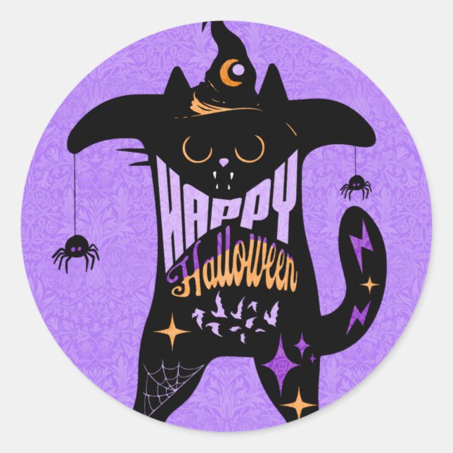 Sticker Rond Chat noir rétro drôle Halloween    (Devant)