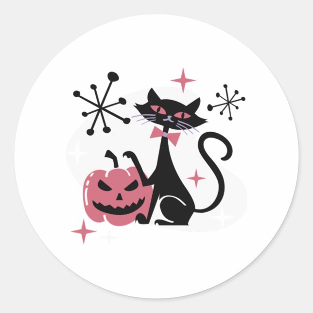 Sticker Rond Chat noir rétro mi-siècle d'Halloween (Devant)