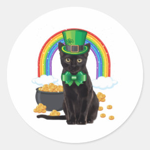 Sticker Rond Chat noir Saint-Patrick Leprechaun Trèfle