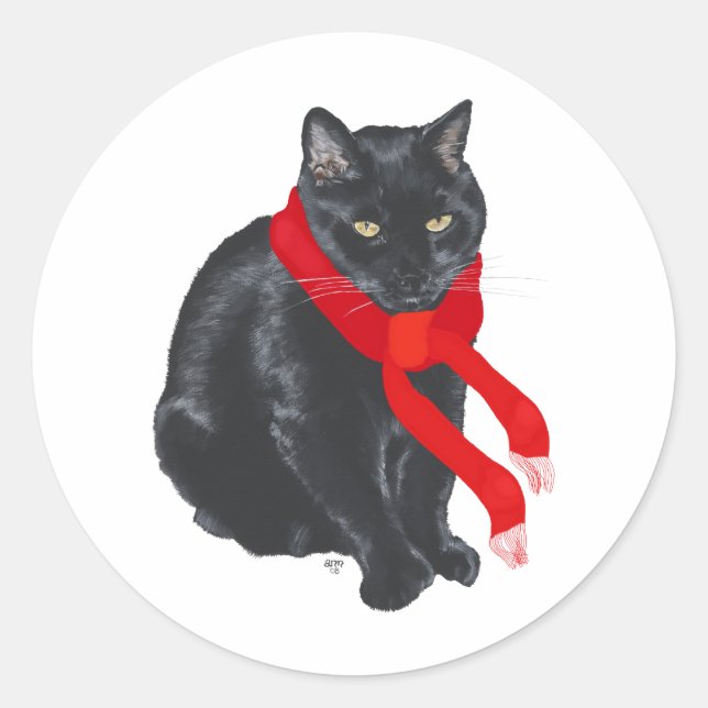 Sticker Rond Chat noir se réchauffant à Noël (Devant)