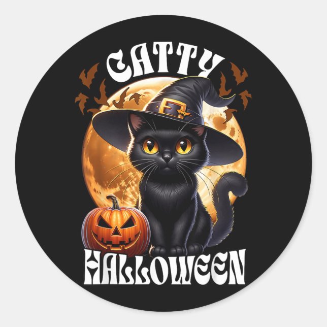 Sticker Rond Chat noir sorcière Catty Halloween Chat noir (Devant)