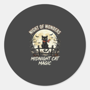 Sticker Rond Chat noir sous la lumière de la lune d'Halloween