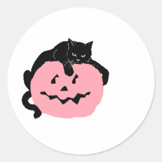 Sticker Rond Chat Noir Sur Un Citrouille Rose