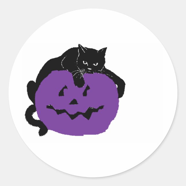 Sticker Rond Chat Noir Sur Un Citrouille Violet (Devant)