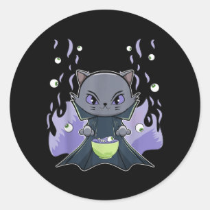 Sticker Rond Chat noir vampire Dracula et ramen pour Halloween