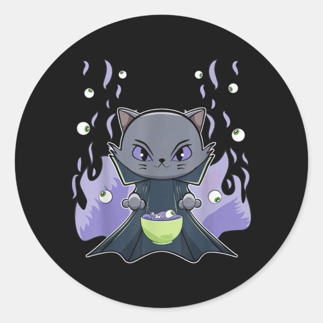 Sticker Rond Chat noir vampire Dracula et ramen pour Halloween (Devant)