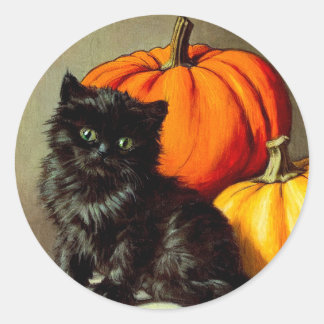 Sticker Rond Chat noir vintage d'Halloween et Citrouilles