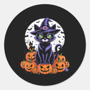 Sticker Rond Chat noir vintage Halloween citrouilles effrayante